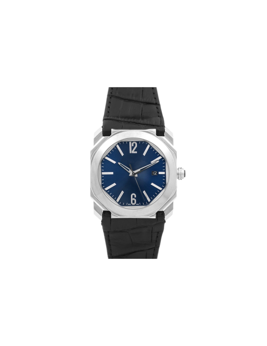 Bvlgari Octo Solotempo Blue Dial with Silver Markers on Black Leather Strap