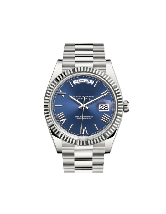 Rolex Day-Date 228239 White Gold Fluted Bezel Blue Roman Dial