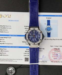 hublot watch big bang chronograph blue custom moissanite diamonds 44mm