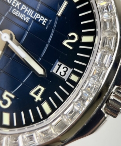 Patek Philippe aquanaut 5168g custom moissanite baguette diamonds blue dial 42.2mm