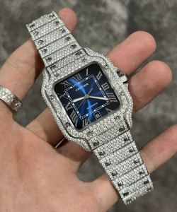 cartier santos custom moissanite diamonds blue dial 39.8mm