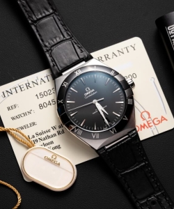 omega constellation black dial leather strap 42mm