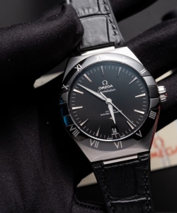 omega constellation black dial leather strap 42mm