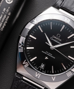 omega constellation black dial leather strap 42mm