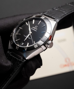 omega constellation black dial leather strap 42mm