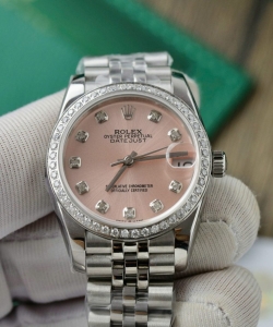 Rolex datejust womens pink dial custom moissanite diamonds 31mm