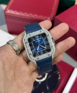 cartier santos blue dial custom moissanite diamonds 39.8mm