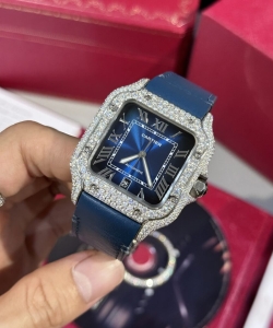 cartier santos blue dial custom moissanite diamonds 39.8mm