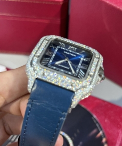 cartier santos blue dial custom moissanite diamonds 39.8mm