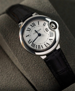 cartier ballon bleu women’s white dial black leather strap 28mm