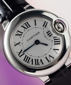 cartier ballon bleu women’s white dial black leather strap 28mm