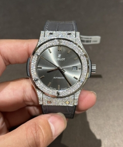 hublot with full diamond moissanite gray leather strap 42mm