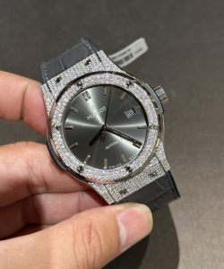 hublot with full diamond moissanite gray leather strap 42mm