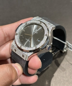 hublot with full diamond moissanite gray leather strap 42mm