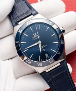 omega constellation blue dial leather strap 41mm