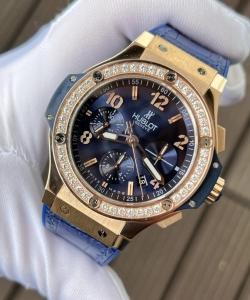 hublot big bang chronograph king gold blue with diamond bezel 44mm