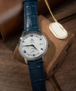 omega de ville prestige power reserve blue leather strap 39.5mm