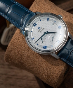 omega de ville prestige power reserve blue leather strap 39.5mm