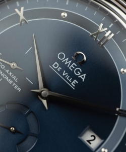 omega de ville prestige power reserve dial blue leather strap 39.5mm