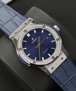 hublot classic fusion titaniumblue dial custom moissanite diamonds 42mm