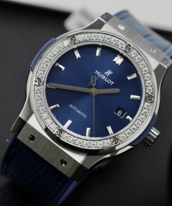 hublot classic fusion titaniumblue dial custom moissanite diamonds 42mm