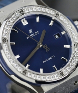 hublot classic fusion titaniumblue dial custom moissanite diamonds 42mm