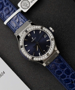 hublot classic fusion titanium dial blue custom moissanite diamonds 33mm